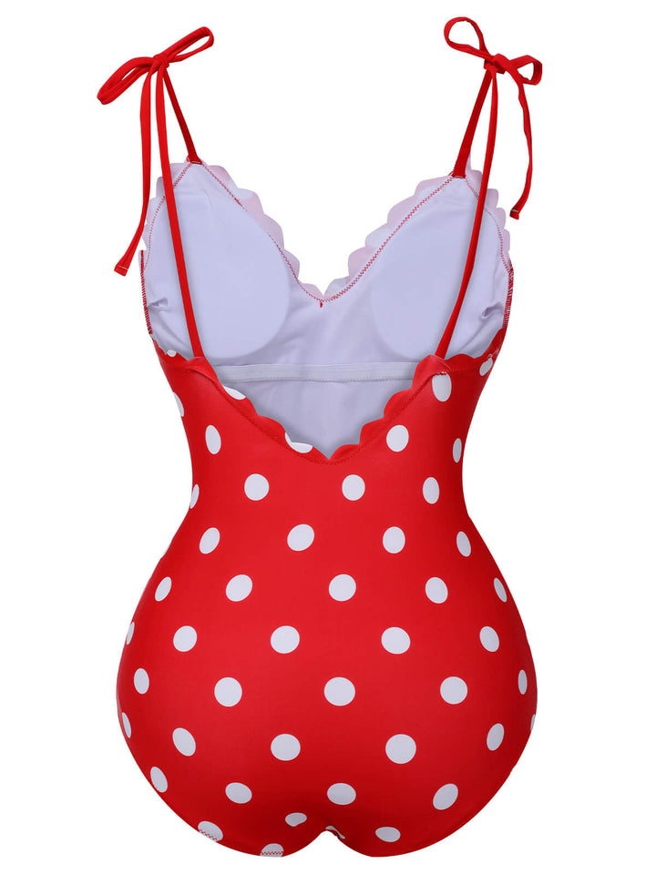 Red 1950s Polka Dot Shoulder Tie Swimsuit, vintage swimsuit, pin-up swimwear - perfect for women who love vintage and retro fashion