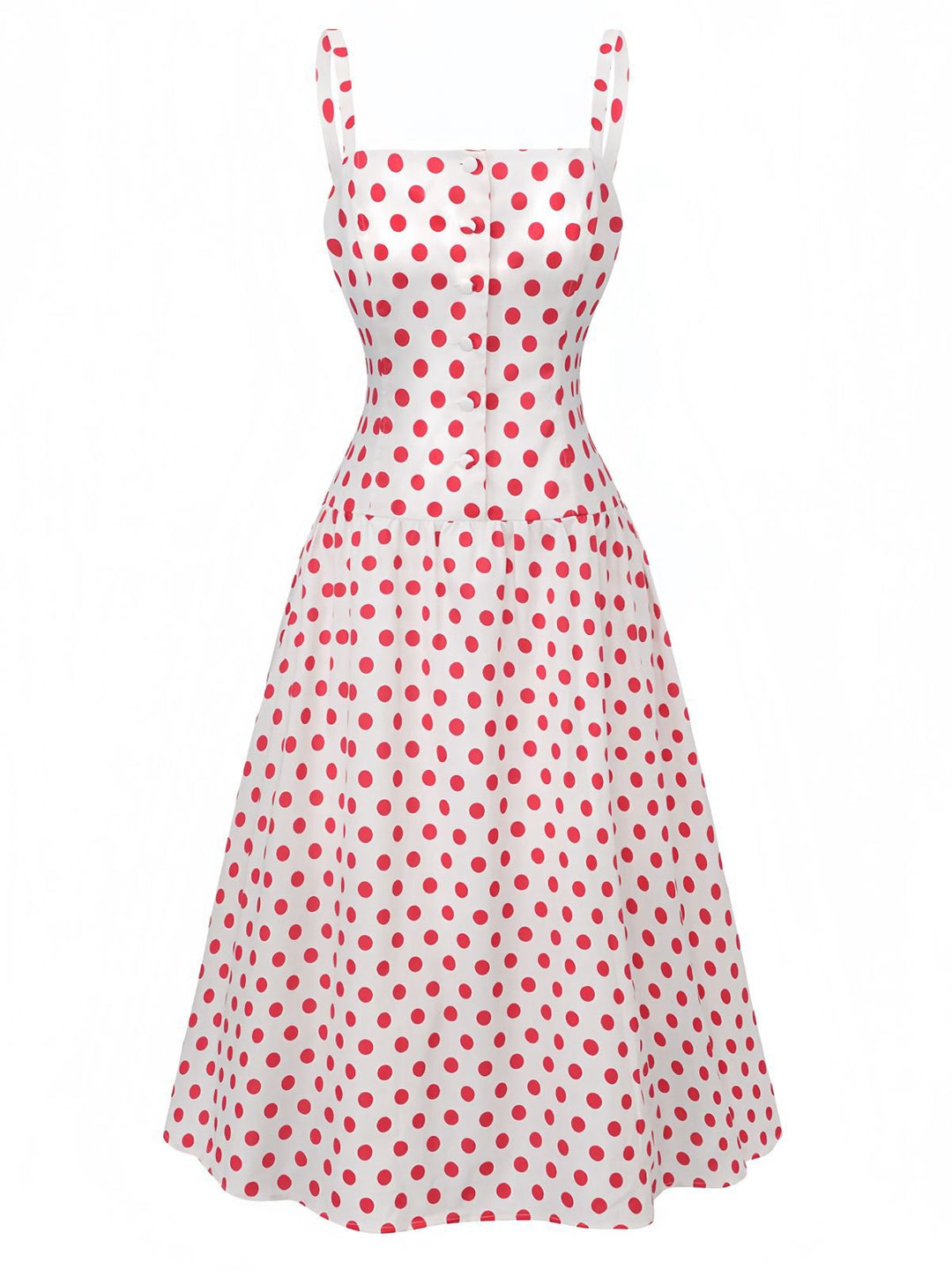 Red 1950s Polka Dot Square Neck Wide Strap Dress - vintage dress, retro fashion, rockabilly