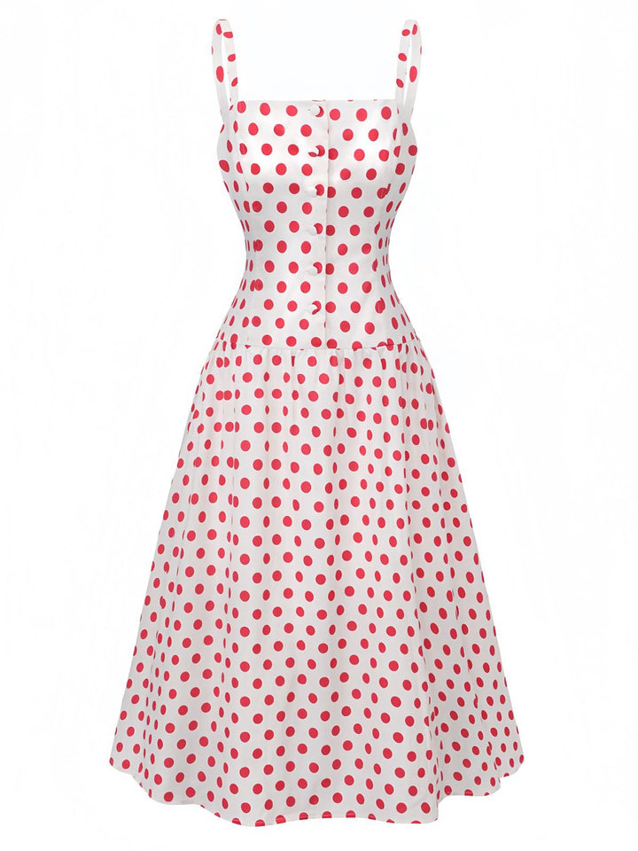 Red 1950s Polka Dot Square Neck Wide Strap Dress - vintage dress, retro fashion, rockabilly