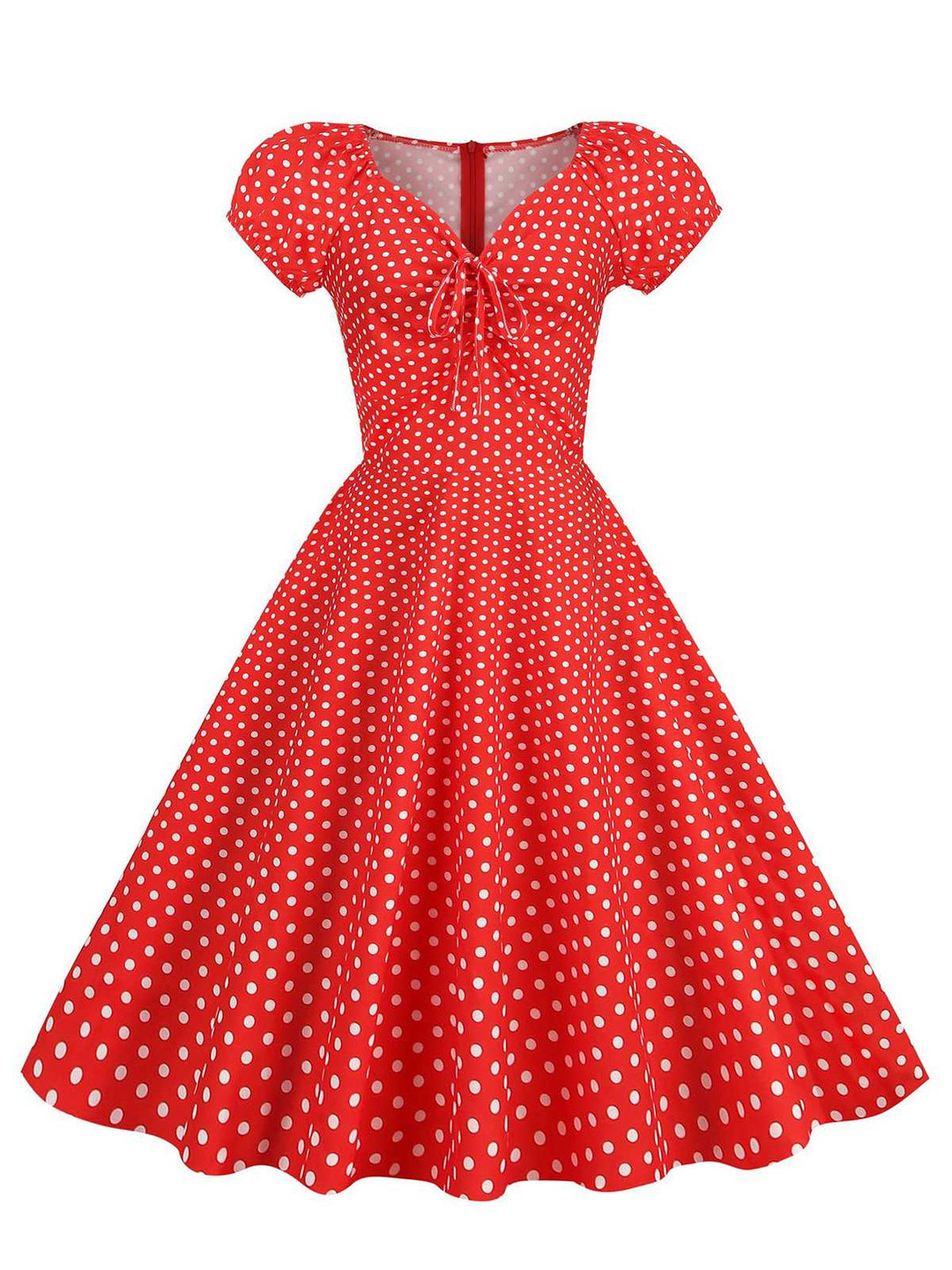 She slips into this Red 1950s Polka Dot Sweetheart Neck Bow Dress and suddenly it&