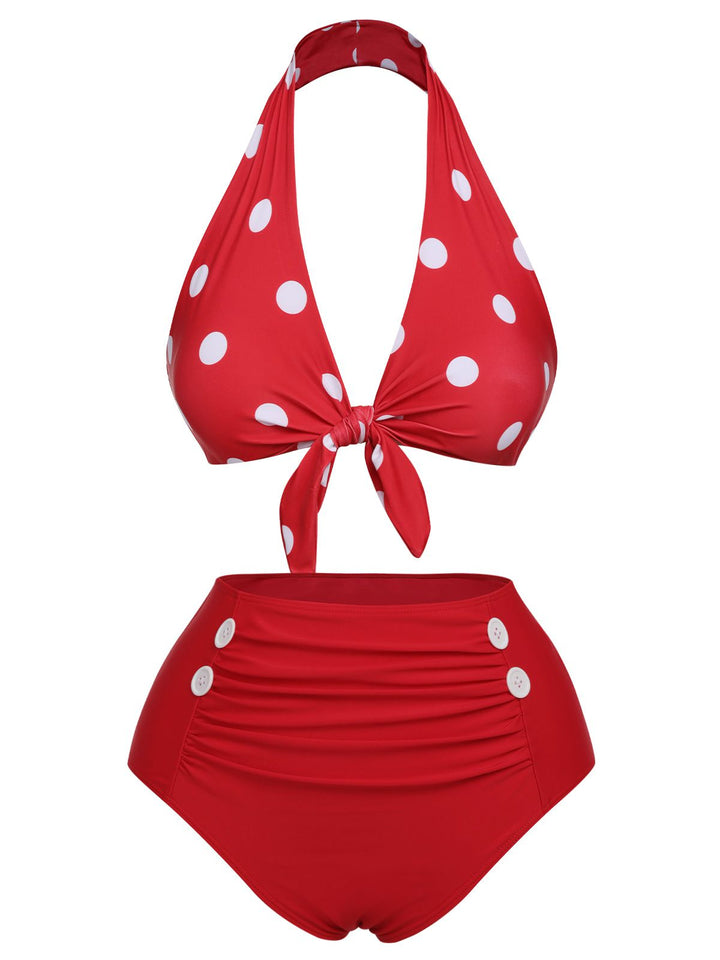Red 1950s Polka Dot Tie Halter Swimsuit, vintage swimsuit, pin-up swimwear - perfect for women who love vintage and retro fashion