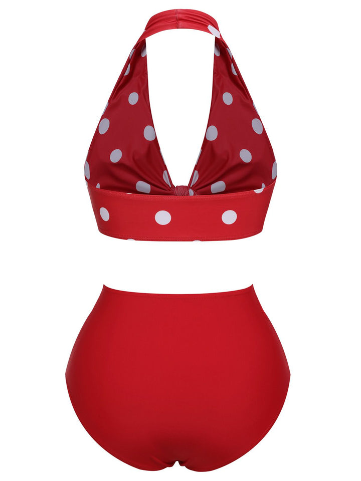 Red 1950s Polka Dot Tie Halter Swimsuit, vintage swimsuit, pin-up swimwear - perfect for women who love vintage and retro fashion
