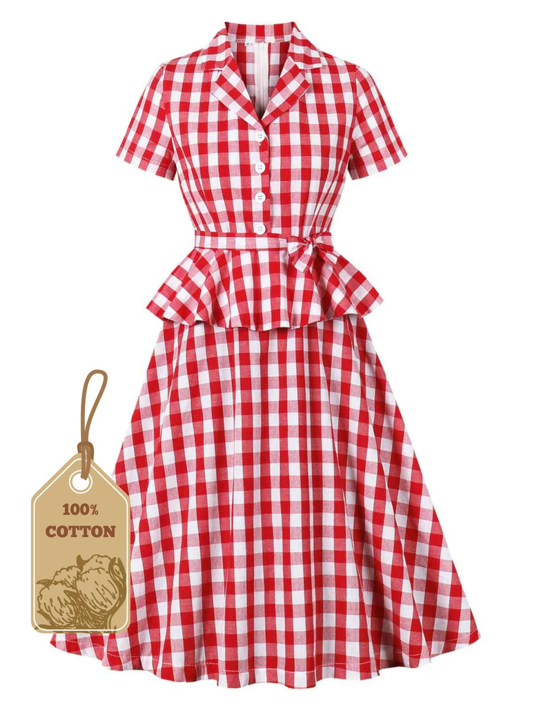She slips into this Red 1950s Pure Cotton Gingham Plaids Belted Dress and suddenly it&
