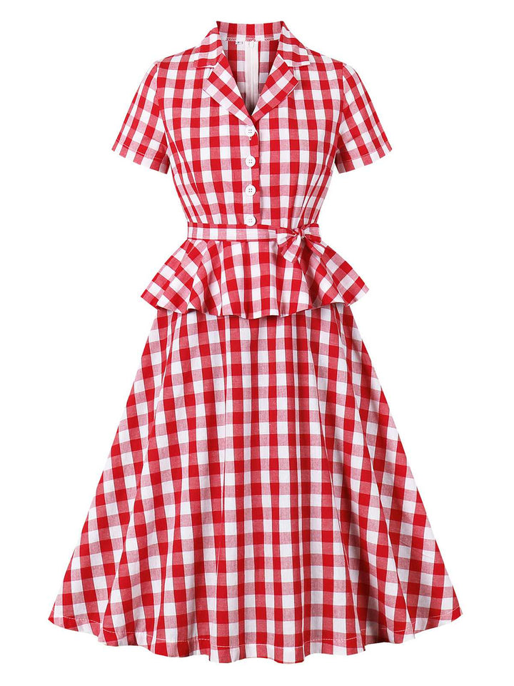 Red 1950s Pure Cotton Gingham Plaids Belted Dress: where 1950s romance meets her modern spirit