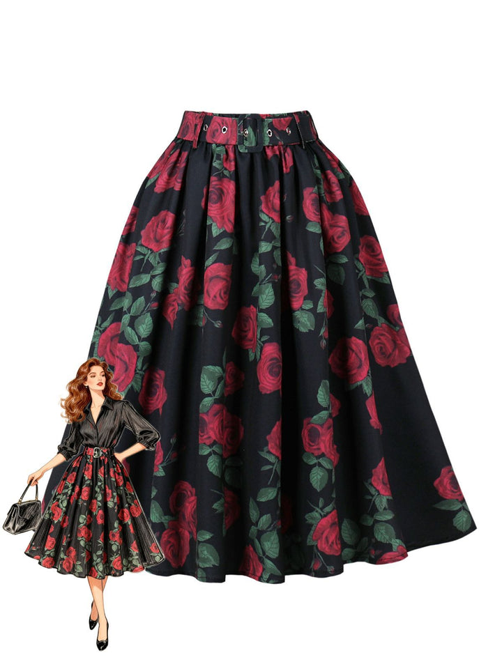 Red 1950s Rose Floral Pleated Skirt, vintage skirt, retro style - perfect for women who love vintage and retro fashion