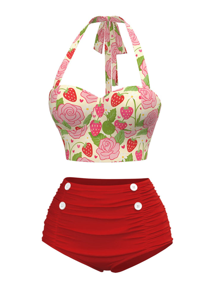 Red 1950s Rose &amp; Strawberry Halter Swimsuit: 1950s Riviera elegance, reimagined for her