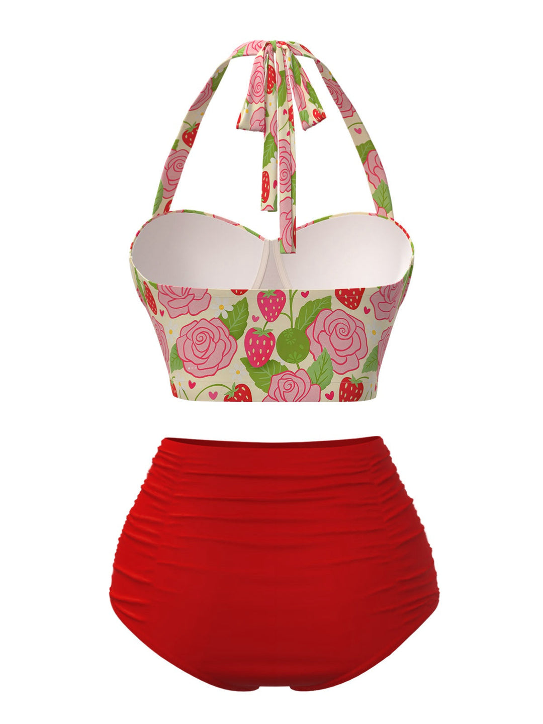 This Red 1950s Rose &amp; Strawberry Halter Swimsuit carries 1950s vacation dreams in every stitch