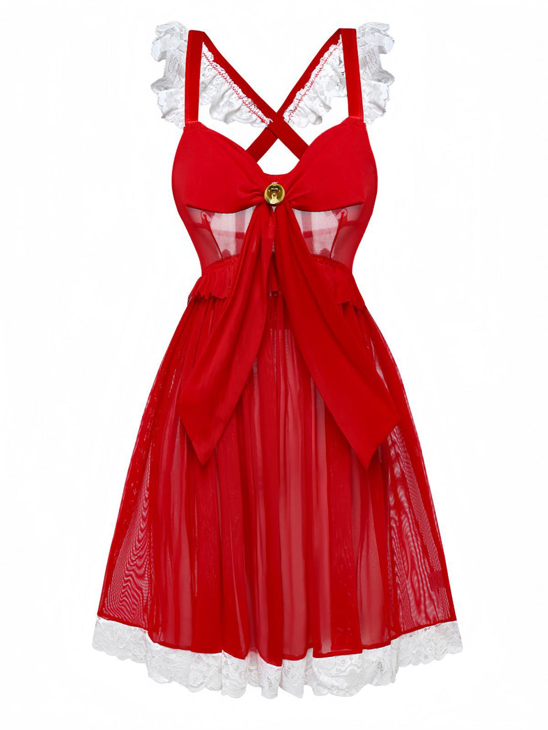 Red Ruffle Strap Lace Sheer Nightdress - vintage dress, retro fashion, rockabilly