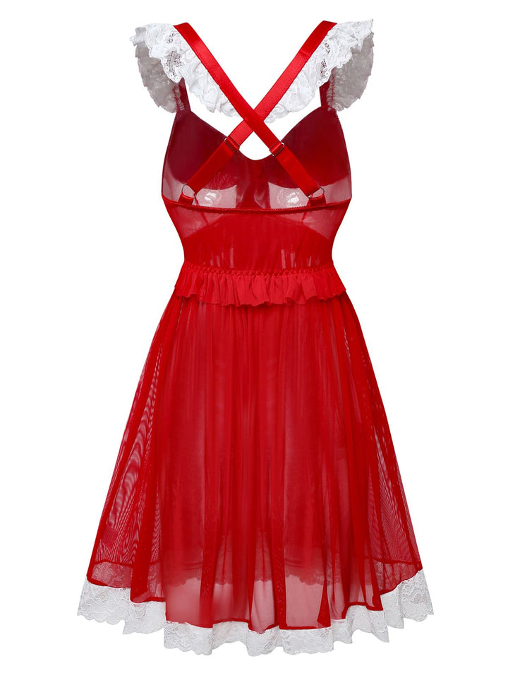 Red Ruffle Strap Lace Sheer Nightdress - vintage dress, retro fashion, rockabilly
