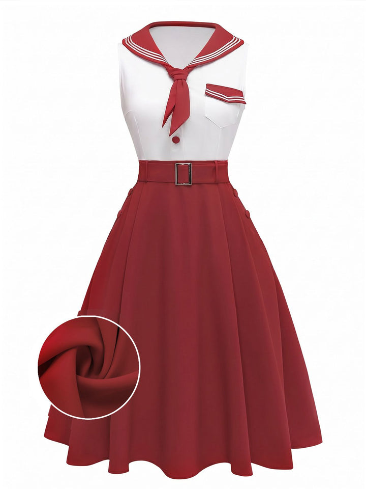[Pre-Sale] Red 1950s Sailor Collar Belted Sleeveless A-Line Dress, vintage dress, retro fashion, rockabilly, pin-up fashion - perfect for women who love vintage and retro fashion