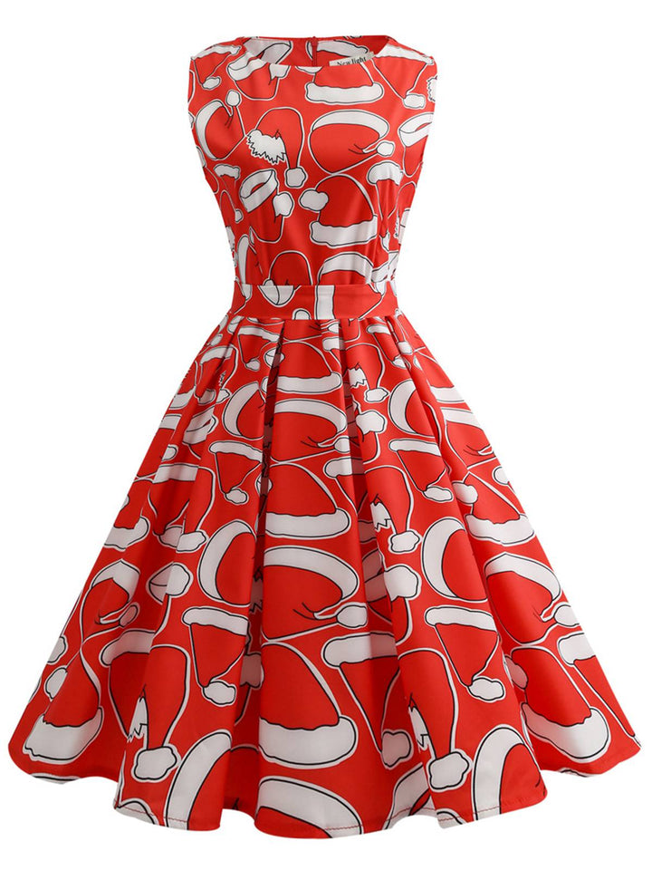 She slips into this Red 1950s Santa Hat Sleeveless Swing Dress and suddenly it&