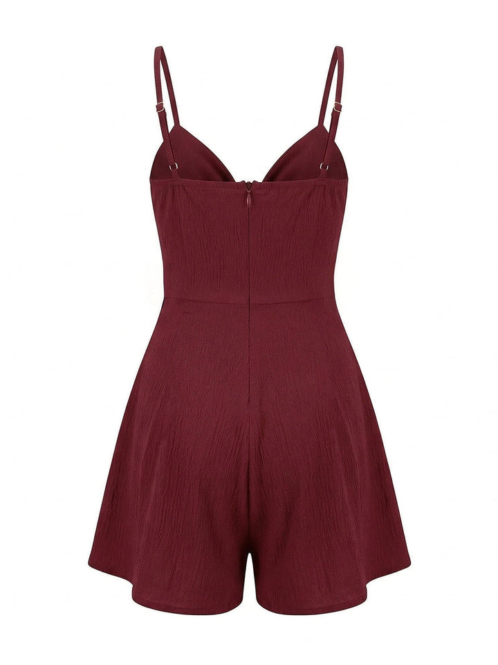 Red 1950s Solid Bow Spaghetti Strap Textured Romper - vintage romper, retro jumpsuit for vintage lovers