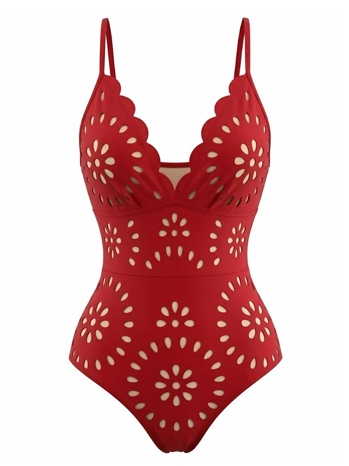 Red 1950s Solid Burnout Petal Collar Swimsuit: beautiful vintage swimwear, retro swimsuit, pin-up style with timeless appeal