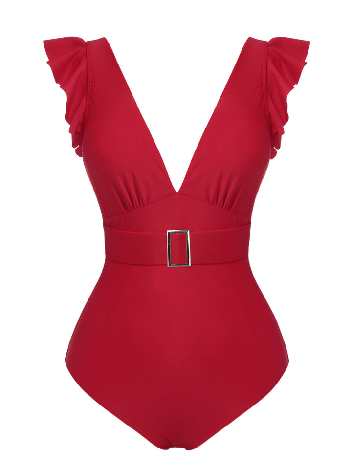 Red 1950s Solid Deep V-Neck Belt Swimsuit, vintage swimsuit, pin-up swimwear - perfect for women who love vintage and retro fashion