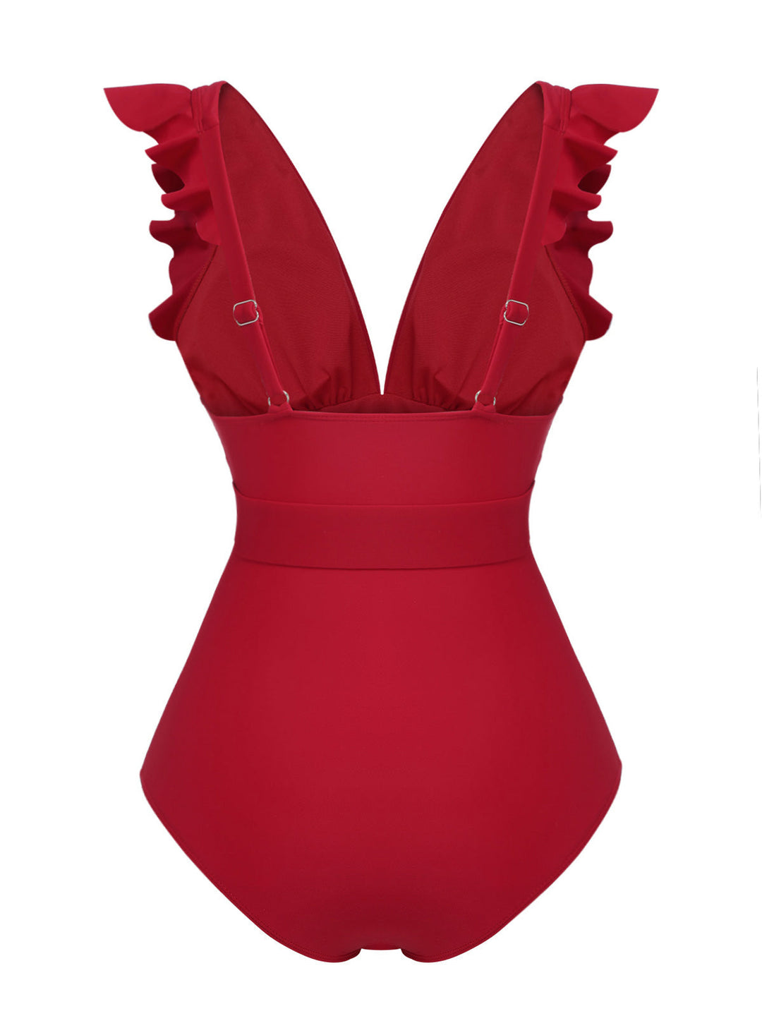 Red 1950s Solid Deep V-Neck Belt Swimsuit, vintage swimsuit, pin-up swimwear - perfect for women who love vintage and retro fashion