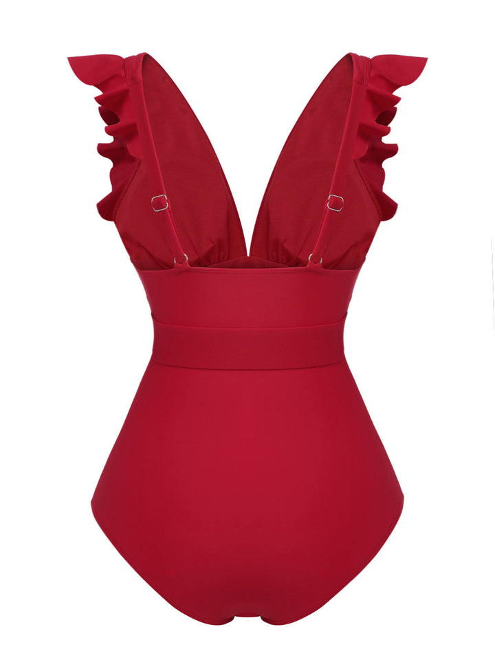 Red 1950s Solid Deep V-Neck Belt Swimsuit, vintage swimsuit, pin-up swimwear - perfect for women who love vintage and retro fashion