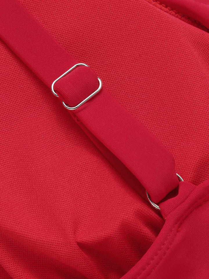 Red 1950s Solid Deep V-Neck Belt Swimsuit, vintage swimsuit, pin-up swimwear - perfect for women who love vintage and retro fashion