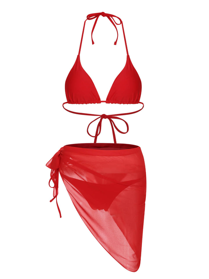 Red 1950s Solid Halter Bikini Set &amp; Cover-Up, vintage swimsuit, pin-up swimwear - perfect for women who love vintage and retro fashion