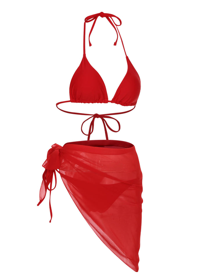Red 1950s Solid Halter Bikini Set &amp; Cover-Up, vintage swimsuit, pin-up swimwear - perfect for women who love vintage and retro fashion