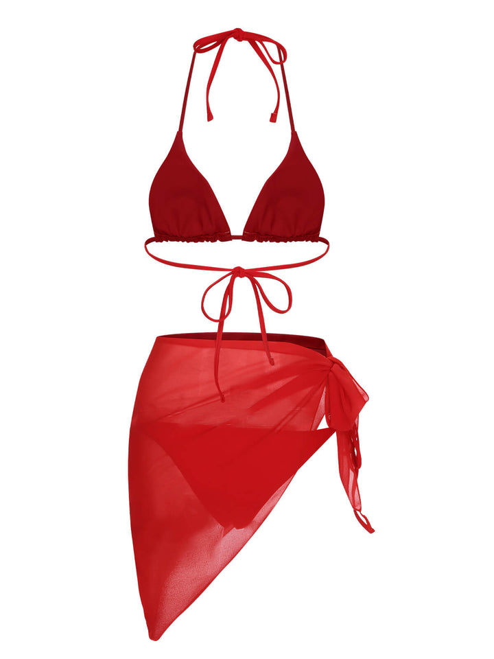 Red 1950s Solid Halter Bikini Set &amp; Cover-Up, vintage swimsuit, pin-up swimwear - perfect for women who love vintage and retro fashion