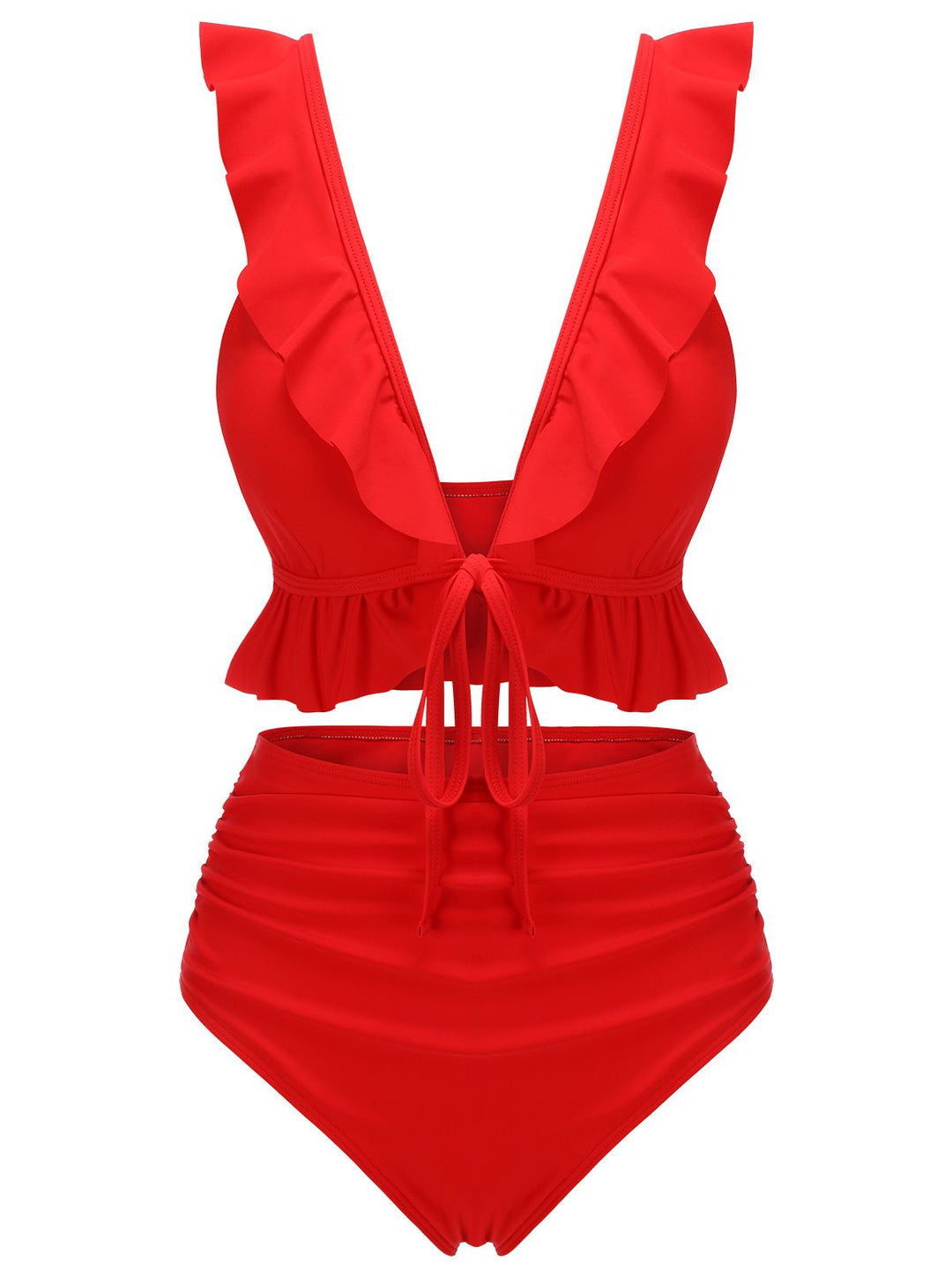 Red 1950s Solid Ruffled V-neck Straps Swimsuit, vintage swimsuit, pin-up swimwear - perfect for women who love vintage and retro fashion