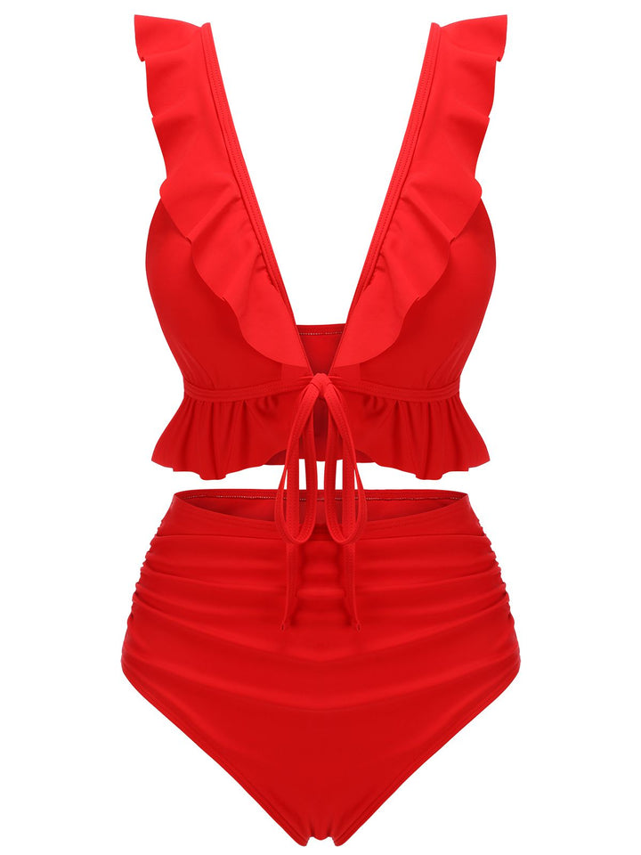 Red 1950s Solid Ruffled V-neck Straps Swimsuit, vintage swimsuit, pin-up swimwear - perfect for women who love vintage and retro fashion
