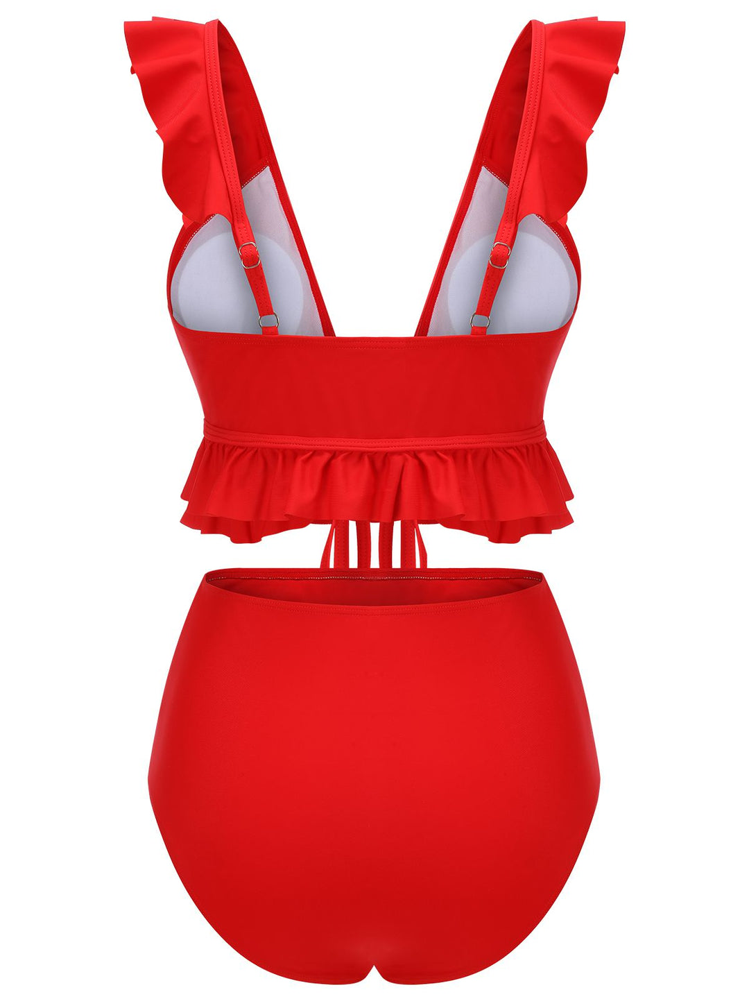 Red 1950s Solid Ruffled V-neck Straps Swimsuit, vintage swimsuit, pin-up swimwear - perfect for women who love vintage and retro fashion