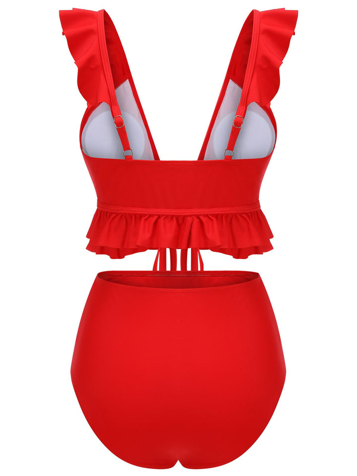 Red 1950s Solid Ruffled V-neck Straps Swimsuit, vintage swimsuit, pin-up swimwear - perfect for women who love vintage and retro fashion