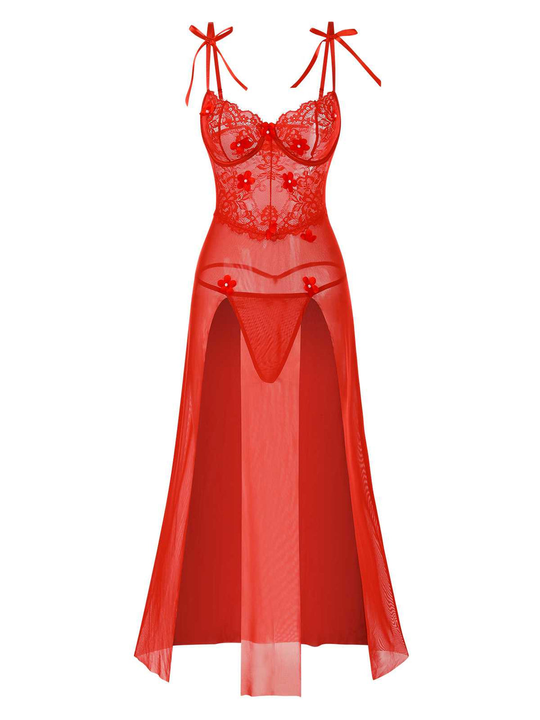 Red Spaghetti Strap Lace 3D Flower Nightgown - vintage nightgown, retro sleepwear, elegant red