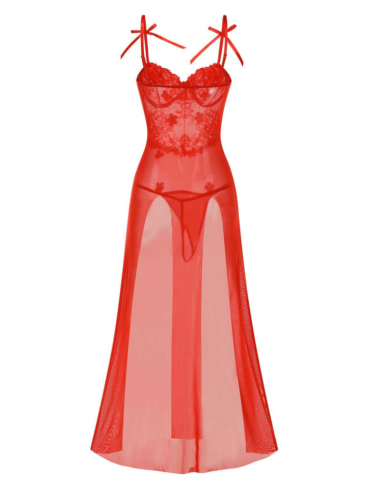 Red Spaghetti Strap Lace 3D Flower Nightgown - vintage nightgown, retro sleepwear, elegant red