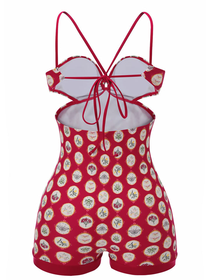 Red 1950s Strap Floral One-piece Swimsuit, vintage swimsuit, pin-up swimwear - perfect for women who love vintage and retro fashion