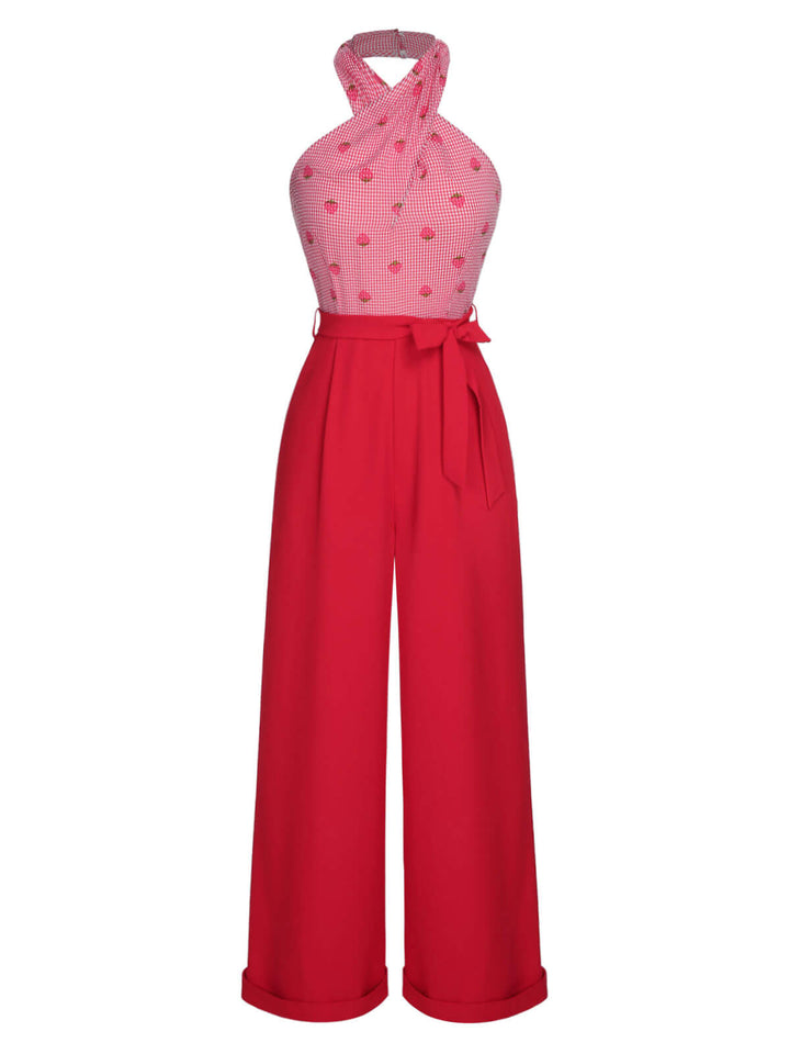 Red 1950s Strawberry Cross Halter Jumpsuit, vintage romper, retro jumpsuit - perfect for women who love vintage and retro fashion
