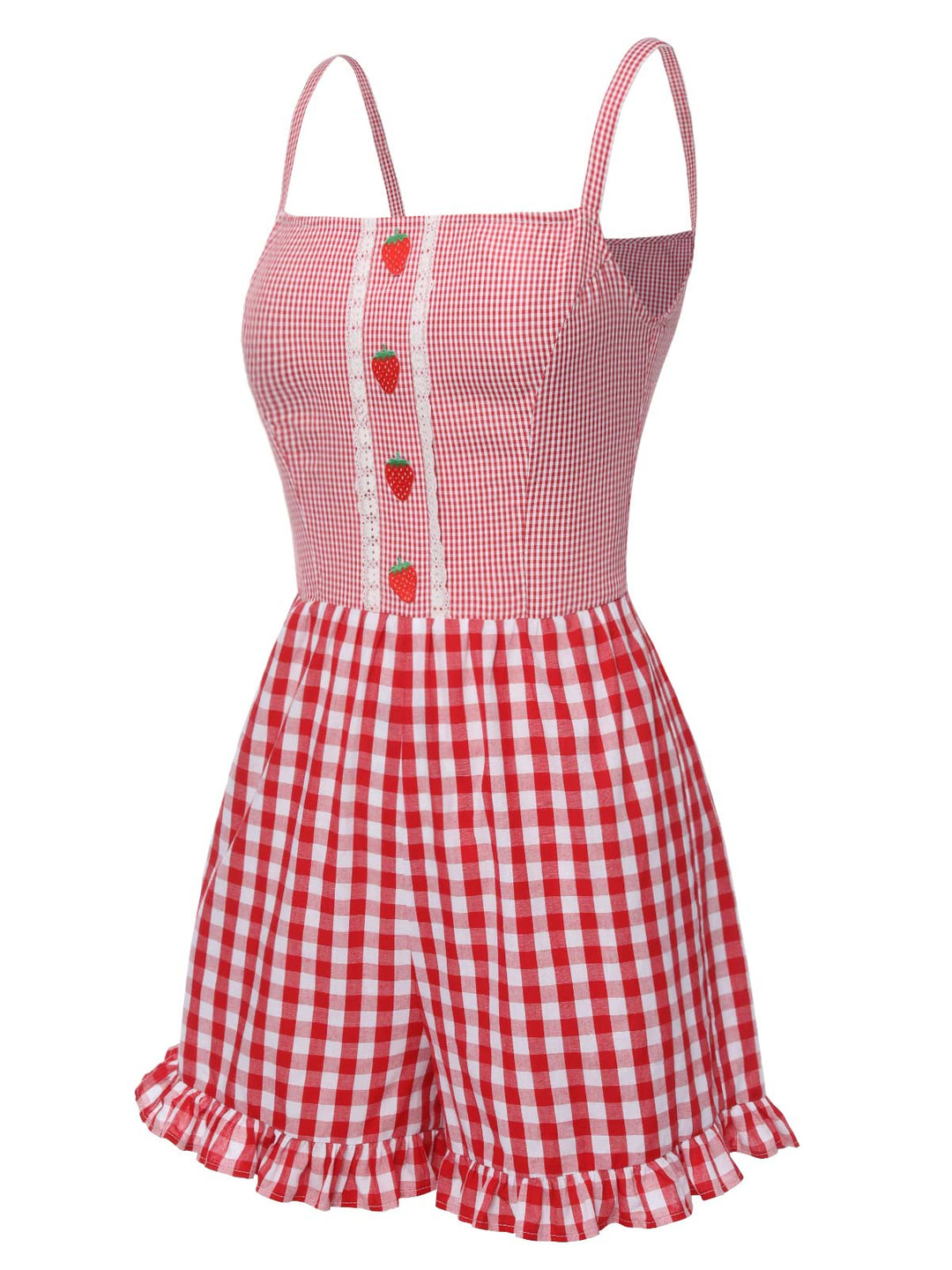 This Red 1950s Strawberry Plaid Suspender Romper whispers 1950s secrets to those who notice