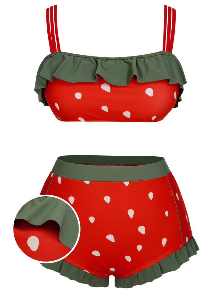 [Plus Size] Red 1950s Strawberry Ruffle Strap Swimsuit, vintage swimsuit, pin-up swimwear - perfect for women who love vintage and retro fashion