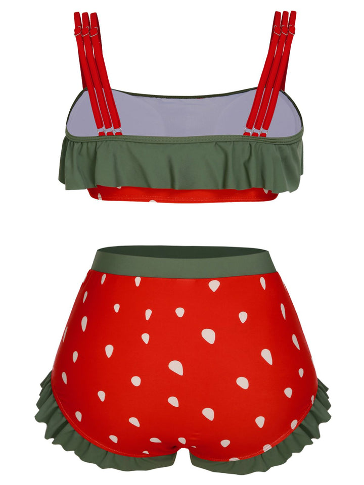 [Plus Size] Red 1950s Strawberry Ruffle Strap Swimsuit, vintage swimsuit, pin-up swimwear - perfect for women who love vintage and retro fashion