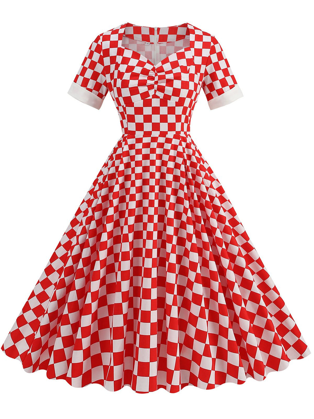 She slips into this Red 1950s Sweetheart Neck Plaids Dress and suddenly it&