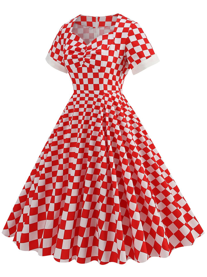 Red 1950s Sweetheart Neck Plaids Dress: where 1950s romance meets her modern spirit