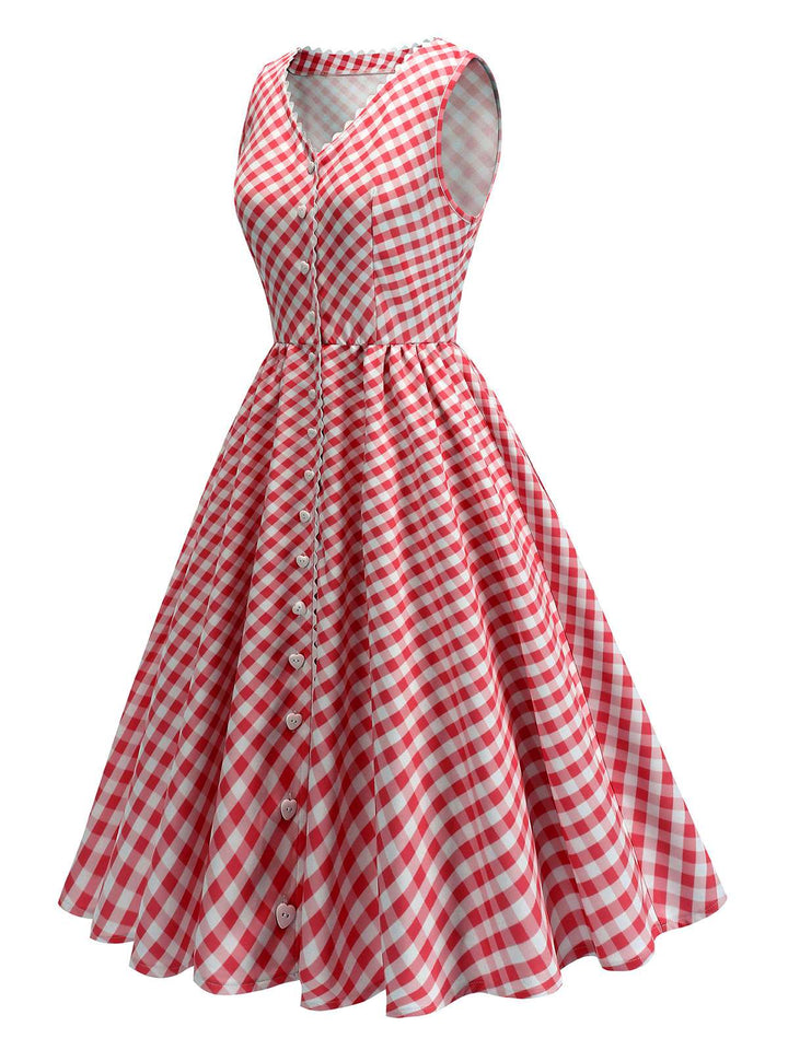 Red 1950s V-Neck Gingham Plaid Dress - vintage dress, retro fashion, rockabilly