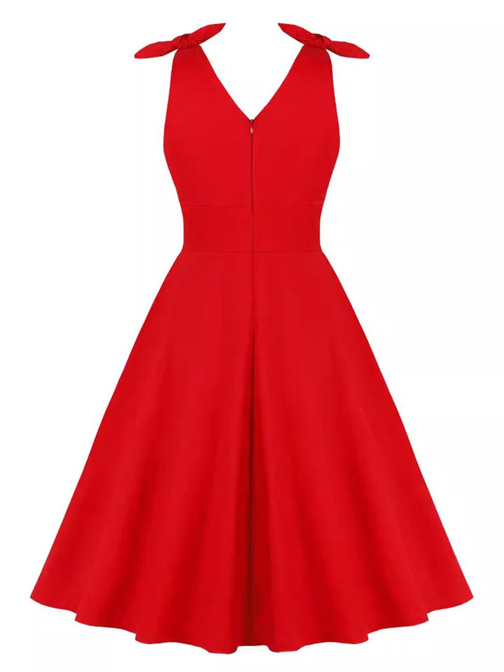 Red 1950s V-Neck Sleeveless Solid Dress: where 1950s romance meets her modern spirit