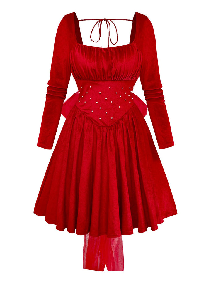 Red 1950s Velvet Pearl Ruched Tulle Bow Dress - vintage dress, retro fashion, rockabilly