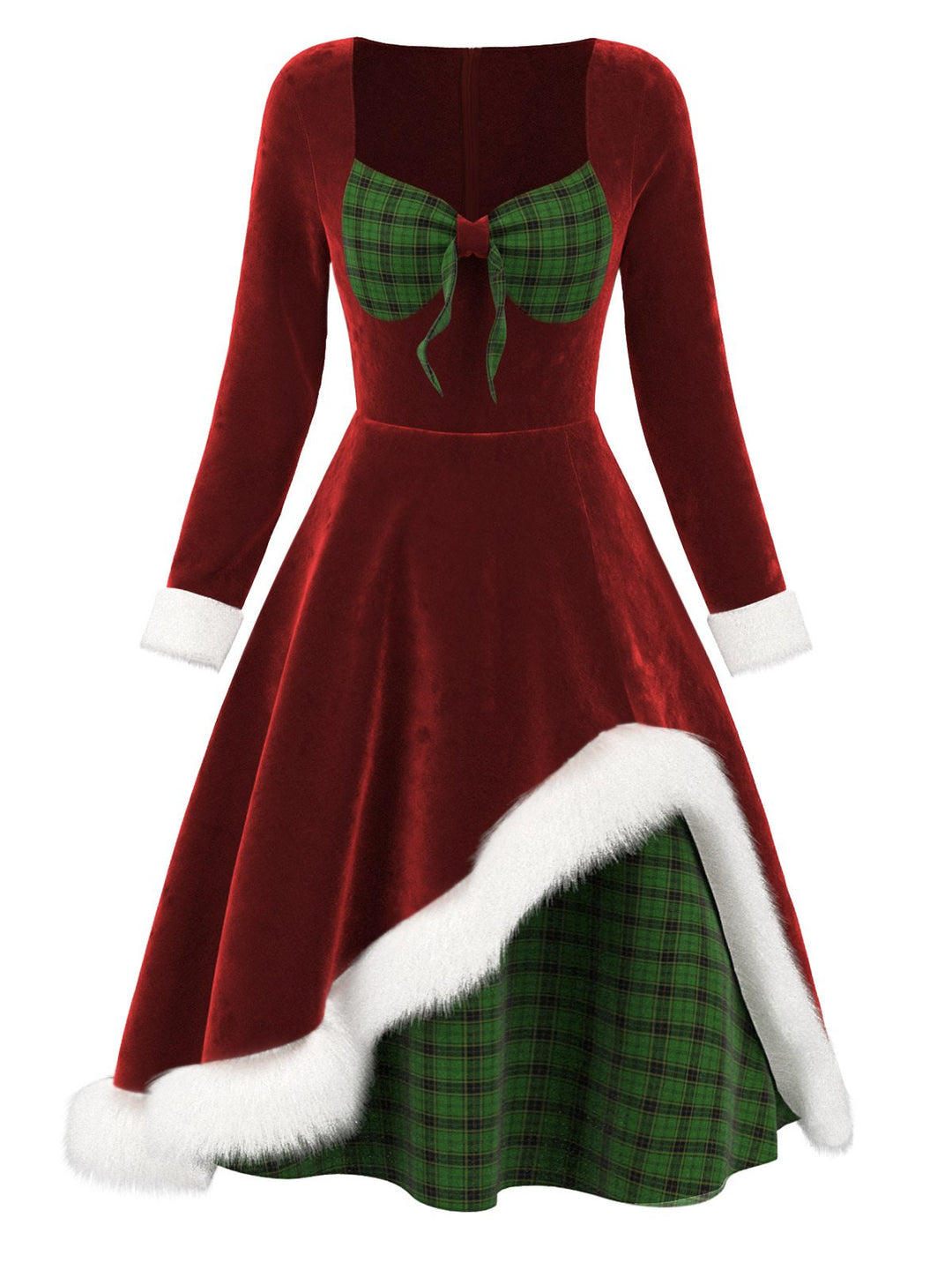 She slips into this Red 1950s Velvet Plush &amp; Plaid Patchwork Dress and suddenly it&