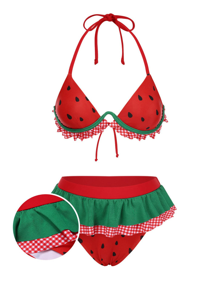 Red Watermelon Ruffled Bikini Set - vintage fashion, retro style, elegant red