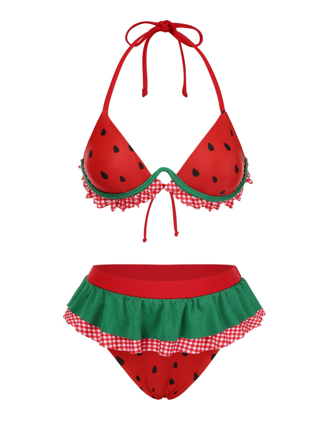 Red Watermelon Ruffled Bikini Set - vintage fashion, retro style, elegant red
