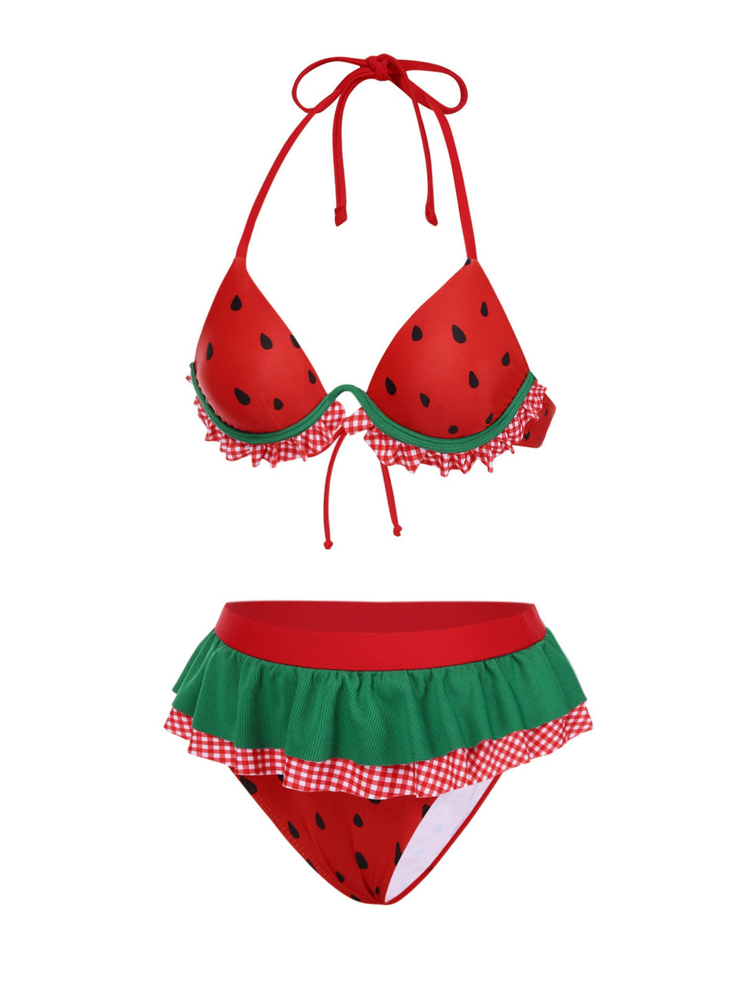 Red Watermelon Ruffled Bikini Set - vintage fashion, retro style, elegant red