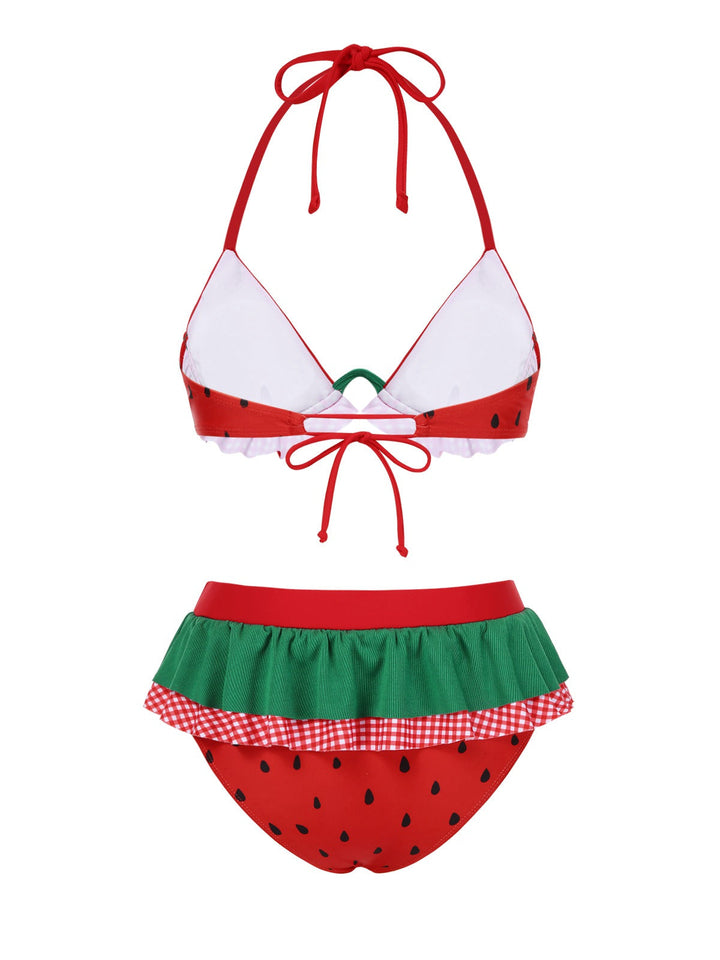 Red Watermelon Ruffled Bikini Set - vintage fashion, retro style, elegant red
