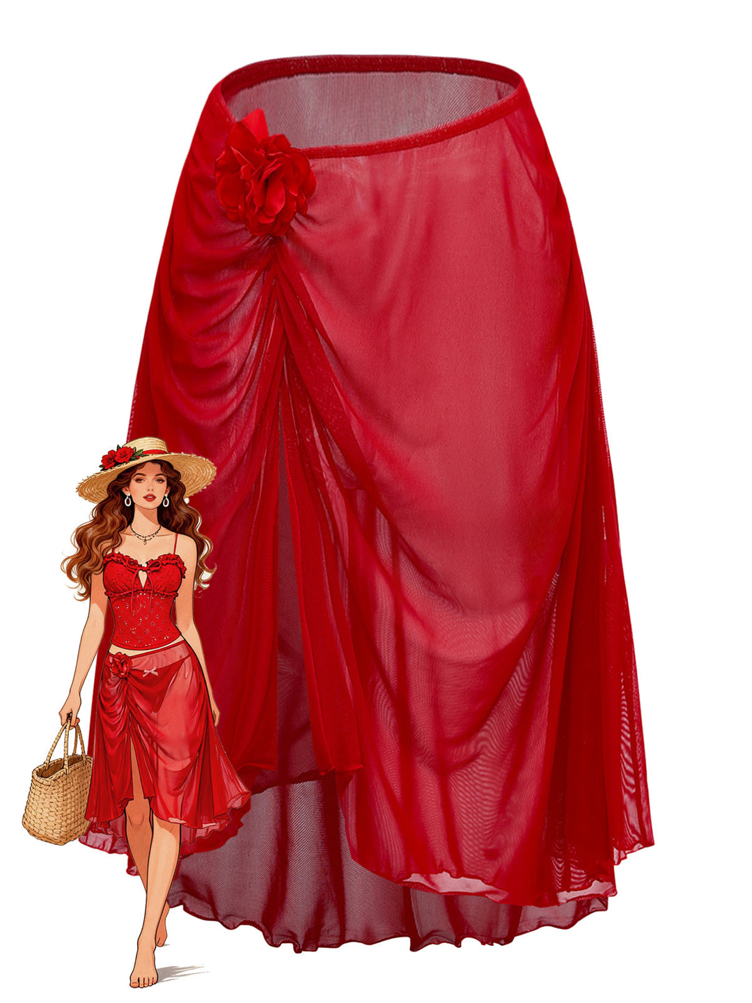 Red 1960s 3D Floral Mesh High-Low Cover-Up - vintage fashion, retro style, elegant red