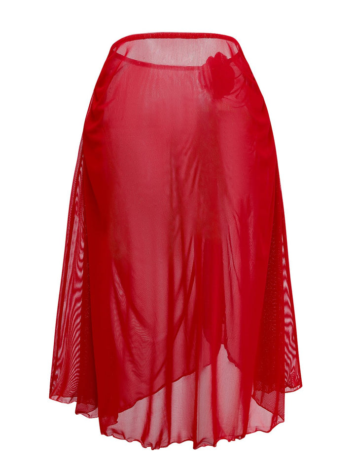 Red 1960s 3D Floral Mesh High-Low Cover-Up - vintage fashion, retro style, elegant red