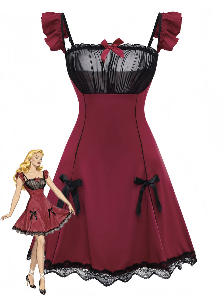 Red Bow Lace Patchwork Ruffled Nightgown - vintage nightgown, retro sleepwear, elegant red