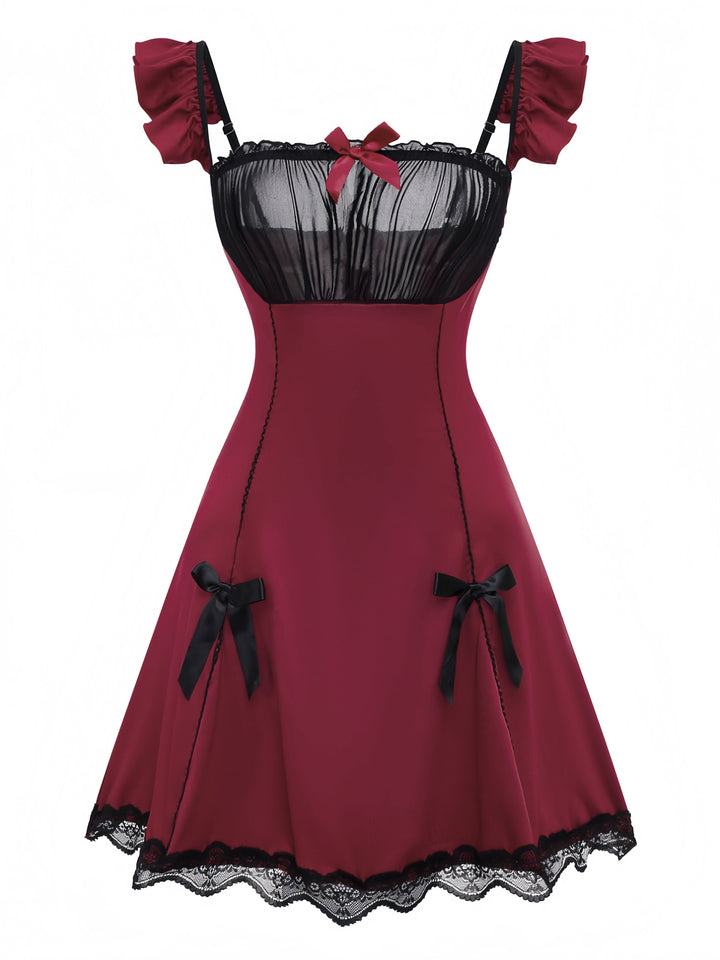 Red Bow Lace Patchwork Ruffled Nightgown - vintage nightgown, retro sleepwear, elegant red