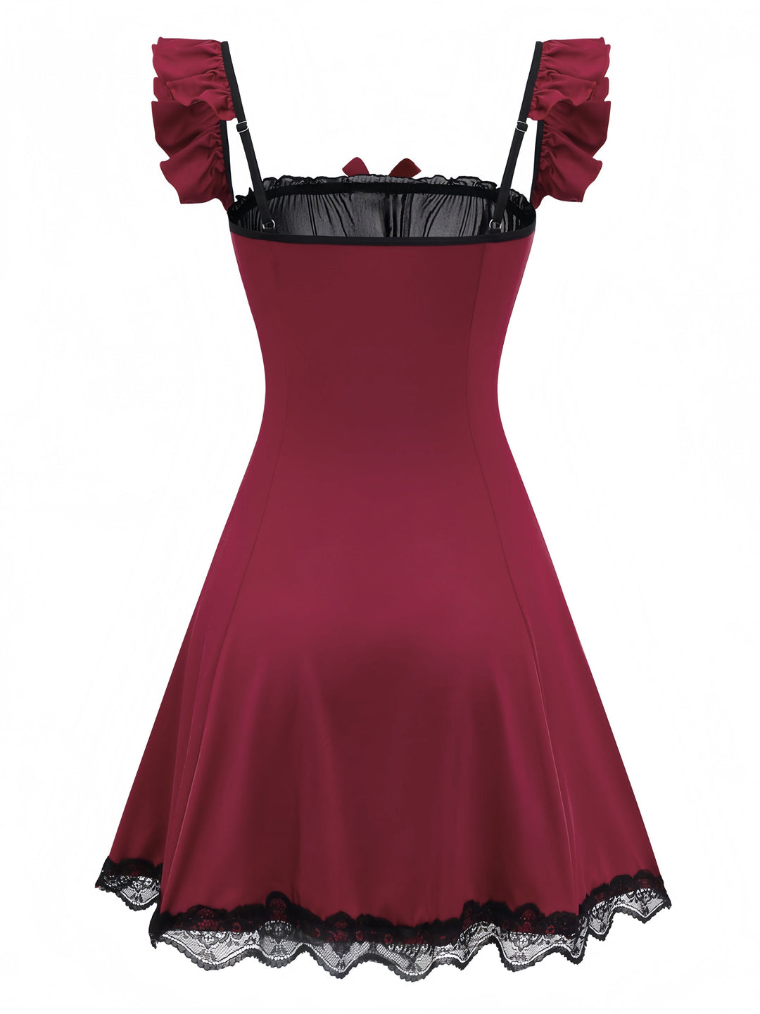 Red Bow Lace Patchwork Ruffled Nightgown - vintage nightgown, retro sleepwear, elegant red
